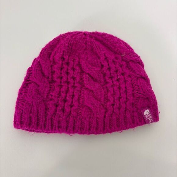 The North Face Pink Cable Knit Fleece Lined Winter Hat Girl's Size M - Picture 1 of 5